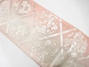 斜め格子に花丸模様織り出し　リバーシブル全通袋帯